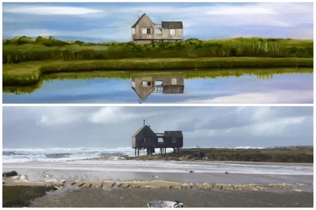 Top image depicts Millie’s Pond, surrounding vegetation and the Stilt House prior to the Oct 2017 Storm (painting by Karen Allen-Kelley). The bottom image was taken during the Storm and shows the dune erosion, deposited sand and overwash from the Atlantic Ocean (photo by Fabrizia Lu Macciavelli)